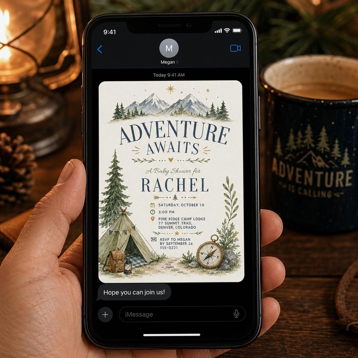 Rustic Adventure Baby Shower Invitation — camping and mountains design
