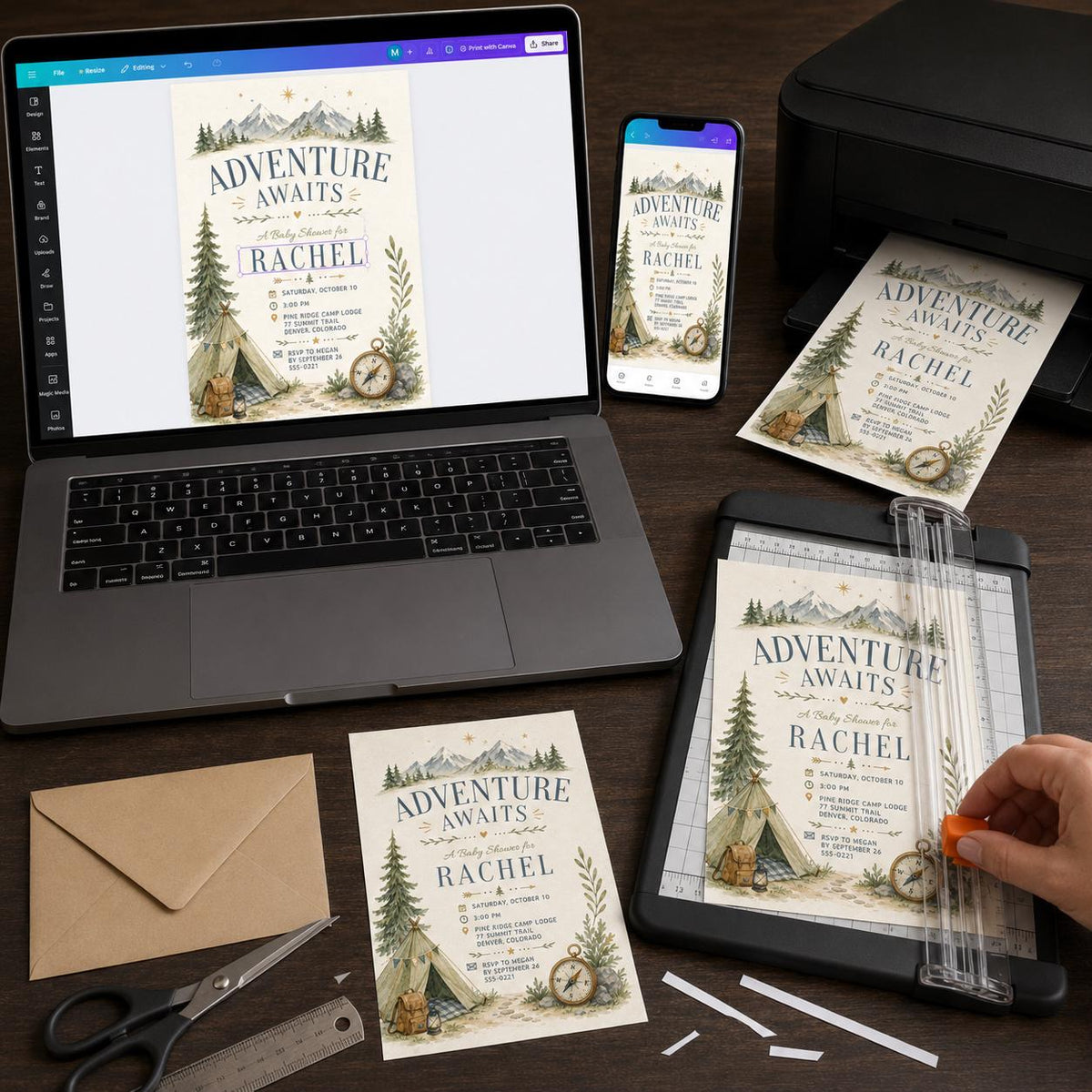 Rustic Adventure Baby Shower Invitation — print-ready baby shower design from VoltBy