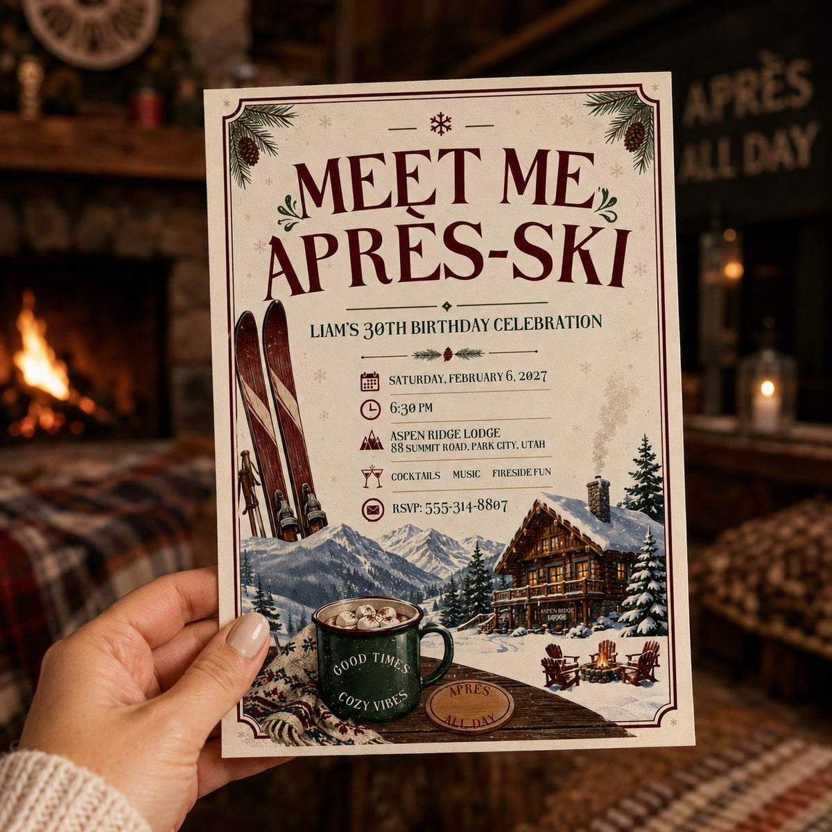 Rustic Apres-Ski 30th Birthday Invitation — invitation you personalize in Canva
