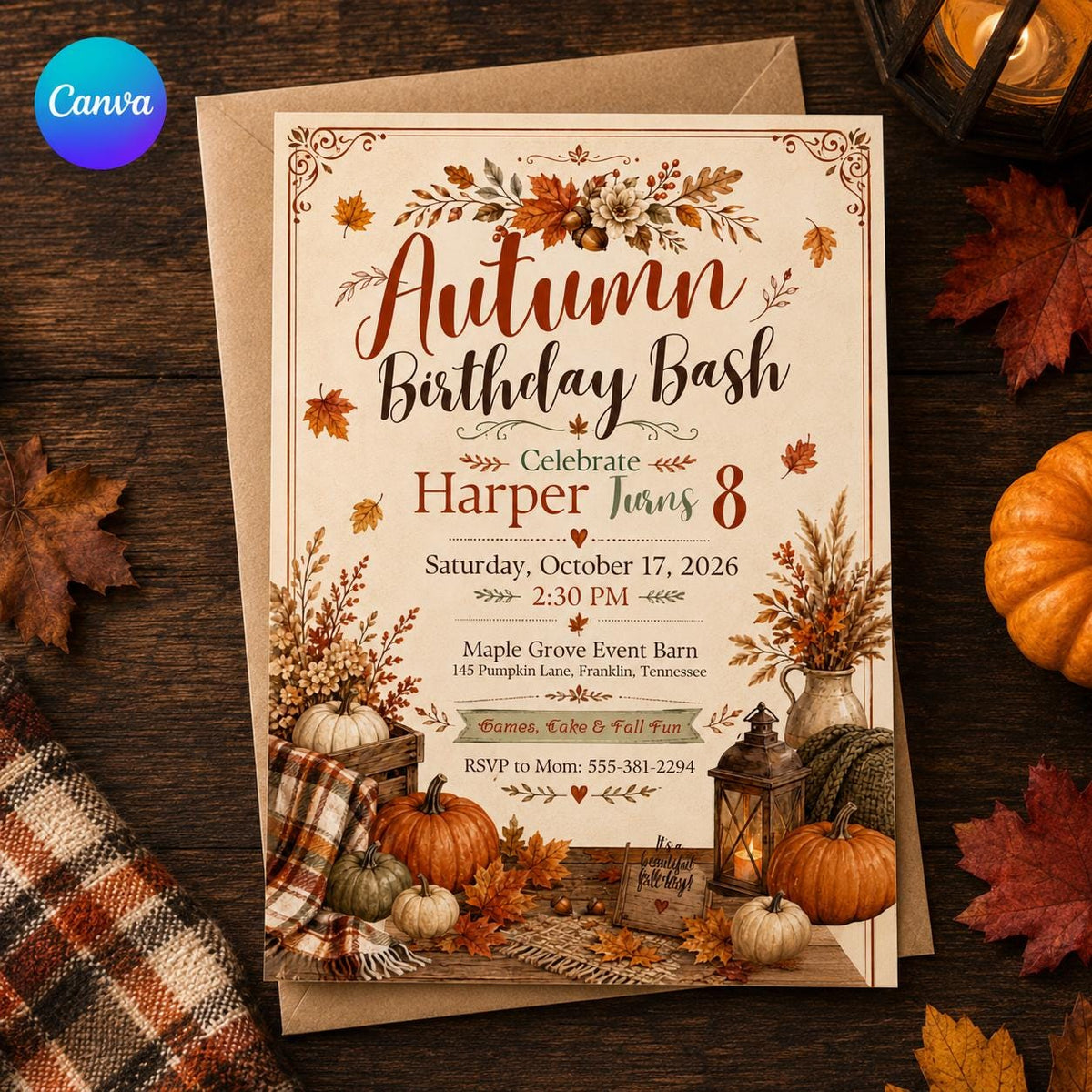 Rustic Autumn 8th Birthday Invitation — editable Canva template