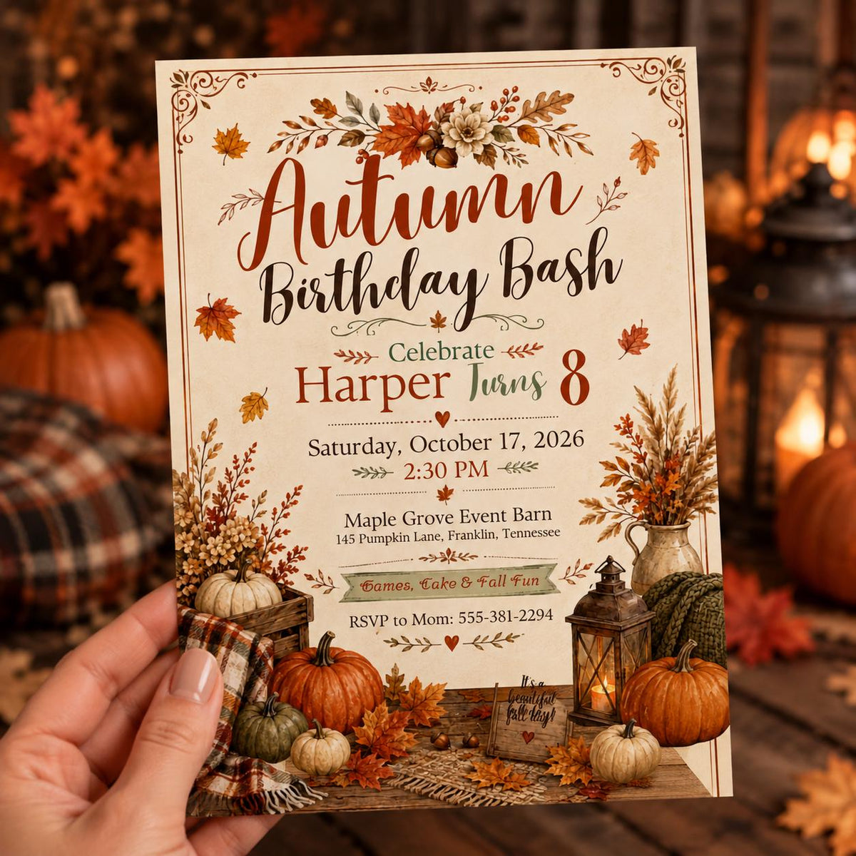 Rustic Autumn 8th Birthday Invitation — invitation you personalize in Canva