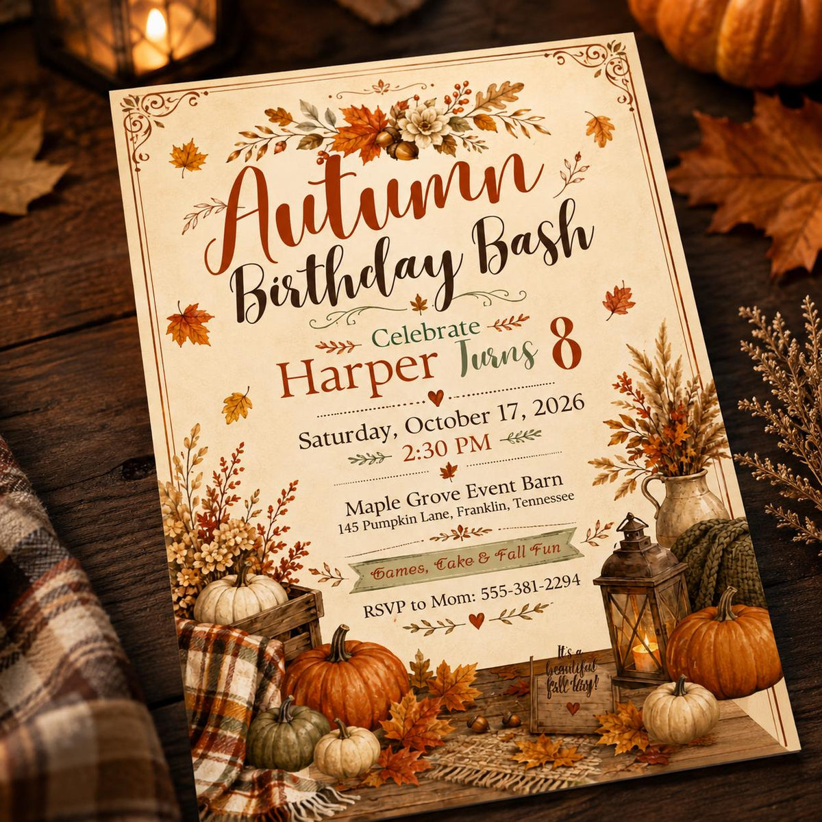 Rustic Autumn 8th Birthday Invitation — digital invitation, instant download