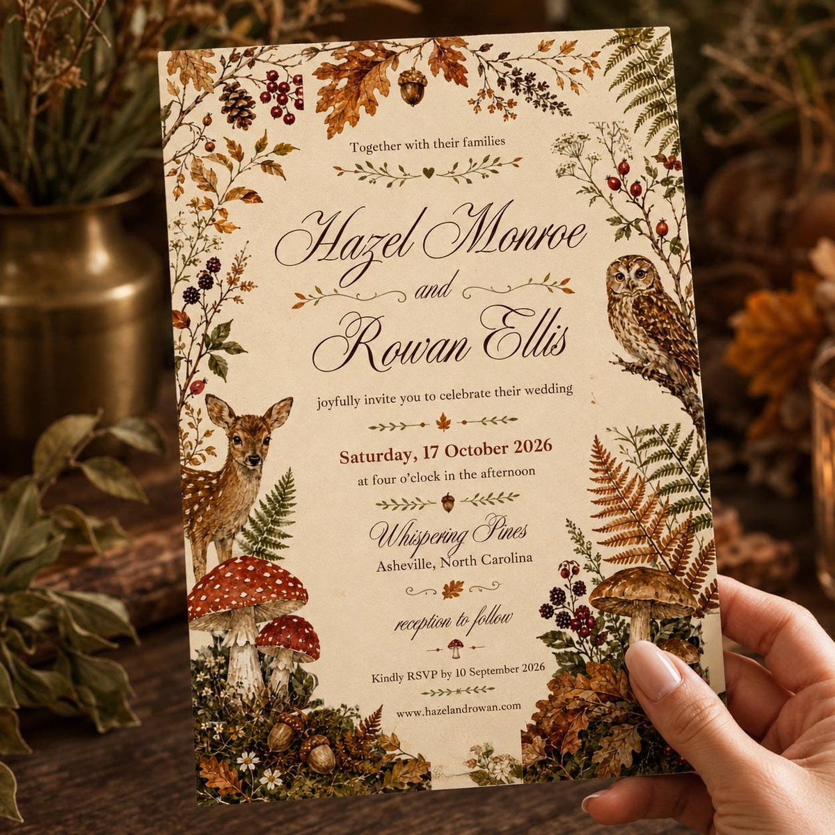 Rustic Autumn Woodland Wedding Invitation — invitation you personalize in Canva