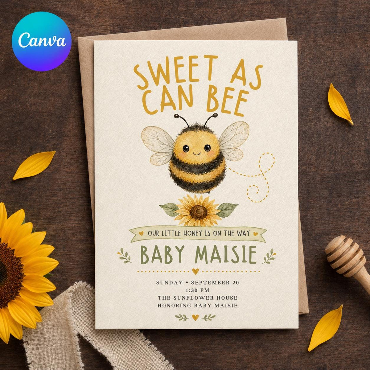 Rustic Bee Baby Shower Invitation — editable Canva template