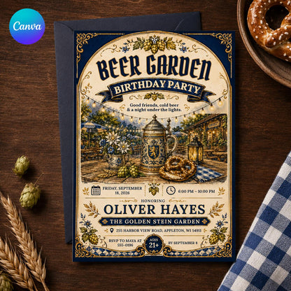 Rustic Beer Garden Birthday Invitation — editable Canva template