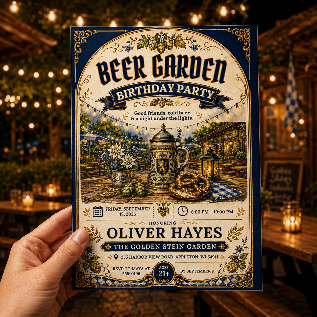 Rustic Beer Garden Birthday Invitation — print-ready birthday party design from VoltBy