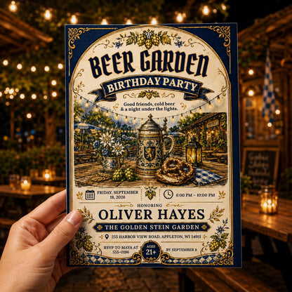 Rustic Beer Garden Birthday Invitation — print-ready birthday party design from VoltBy