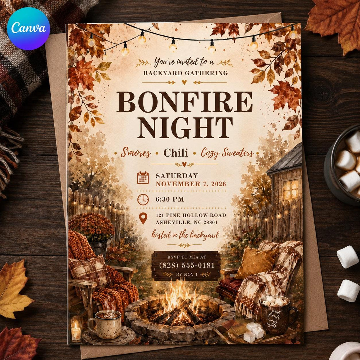 Rustic Bonfire Party Invitation — editable Canva template