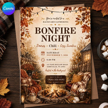 Rustic Bonfire Party Invitation — editable Canva template