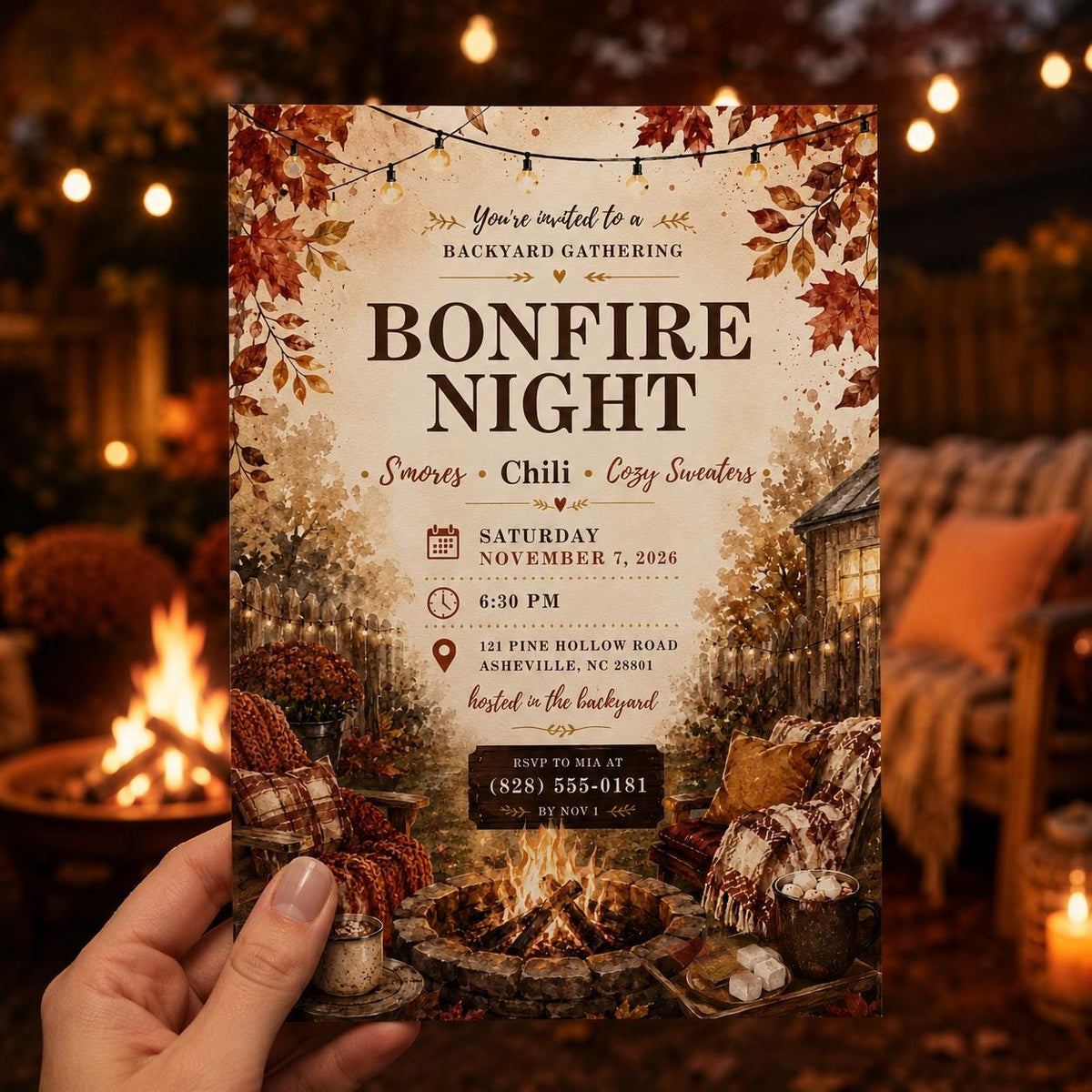 Rustic Bonfire Party Invitation — invitation you personalize in Canva