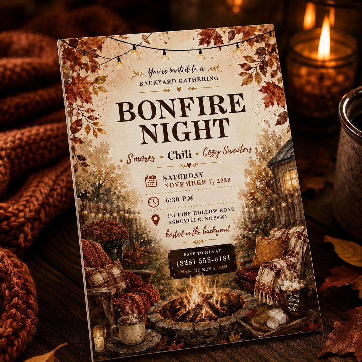 Rustic Bonfire Party Invitation — digital invitation, instant download