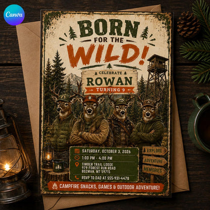 Rustic Born for the Wild 9th Birthday Invitation — editable Canva template