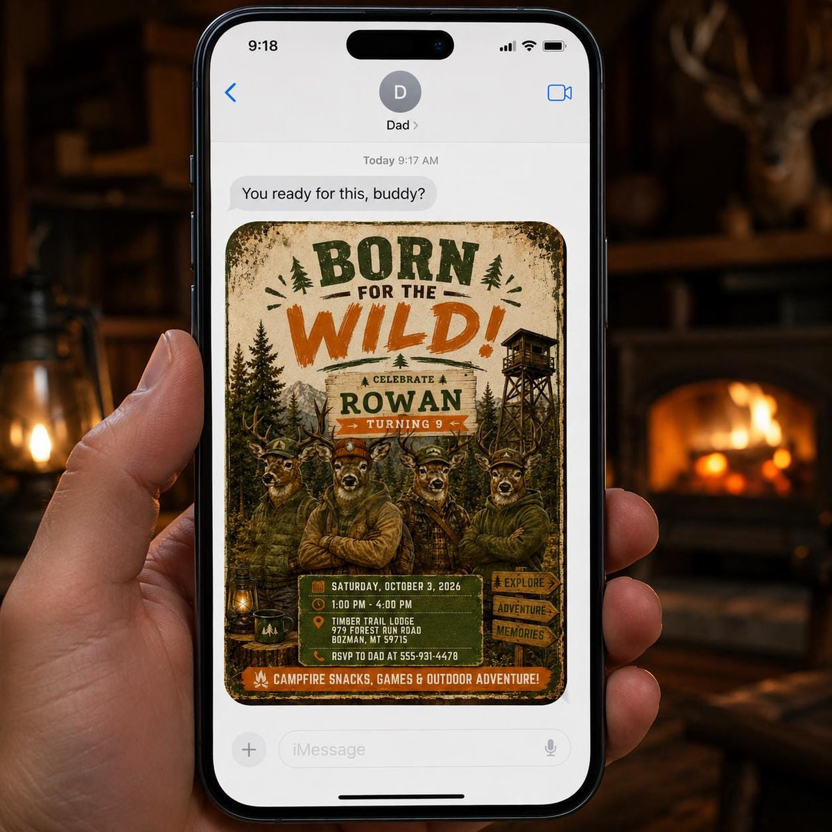 Rustic Born for the Wild 9th Birthday Invitation — camping and woodland design