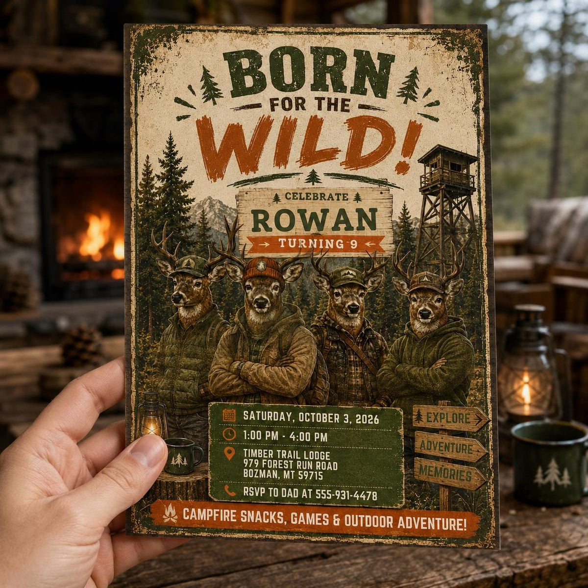 Rustic Born for the Wild 9th Birthday Invitation — invitation you personalize in Canva