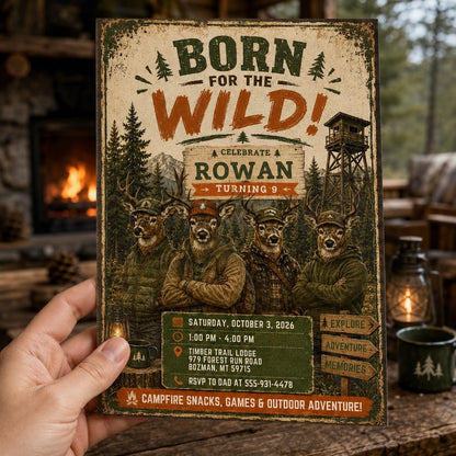 Rustic Born for the Wild 9th Birthday Invitation — invitation you personalize in Canva