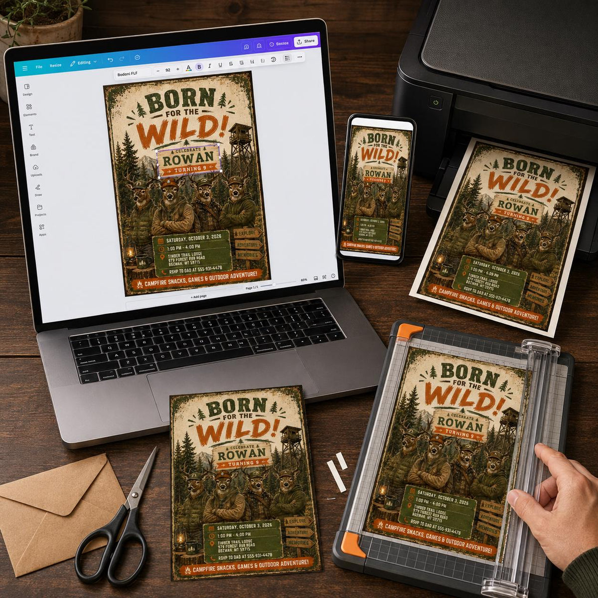 Rustic Born for the Wild 9th Birthday Invitation — print-ready 9th birthday party design from VoltBy