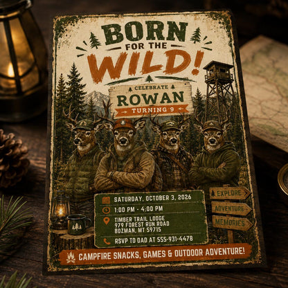 Rustic Born for the Wild 9th Birthday Invitation — digital invitation, instant download