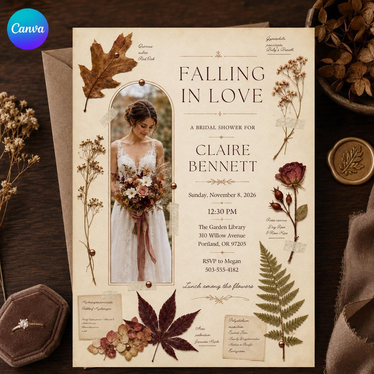 Rustic Botanical Fall Bridal Shower Invitation — editable Canva template
