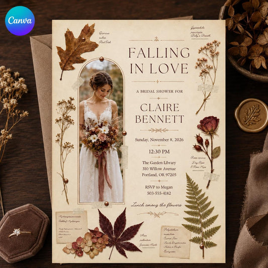 Rustic Botanical Fall Bridal Shower Invitation — editable Canva template