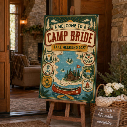 Rustic Camp Bride Welcome Sign for Girls — lake design