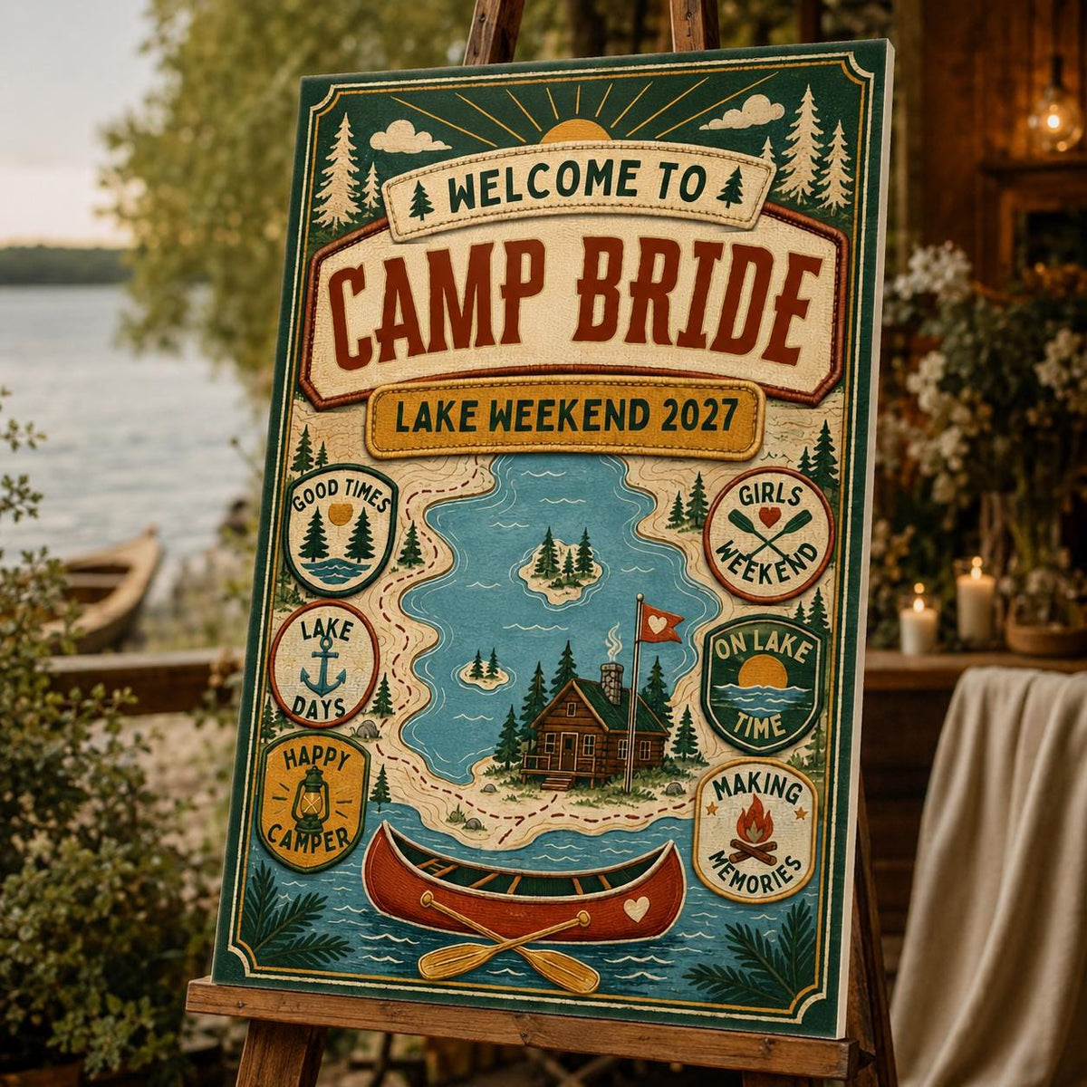 Rustic Camp Bride Welcome Sign for Girls — welcome sign you personalize in Canva