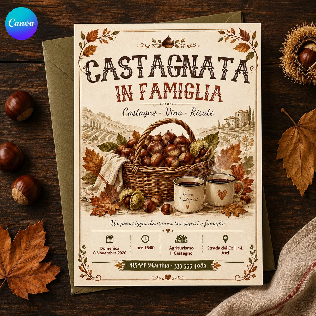 Rustic Castagnata in Famiglia Invitation — editable Canva template