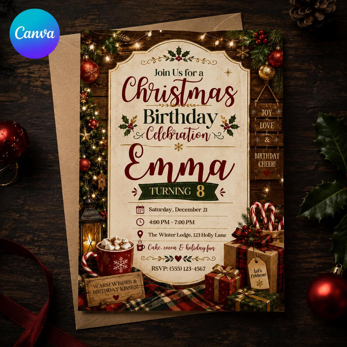 Rustic Christmas 8th Birthday Invitation for Girls — editable Canva template