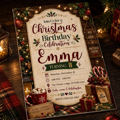 Rustic Christmas 8th Birthday Invitation for Girls — invitation you personalize in Canva