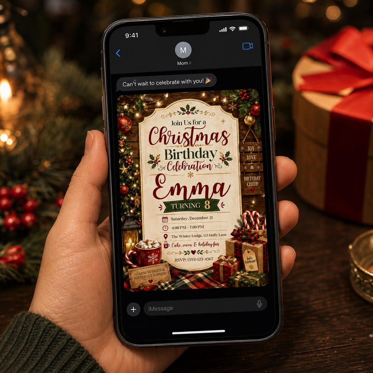 Rustic Christmas 8th Birthday Invitation for Girls — digital invitation, instant download