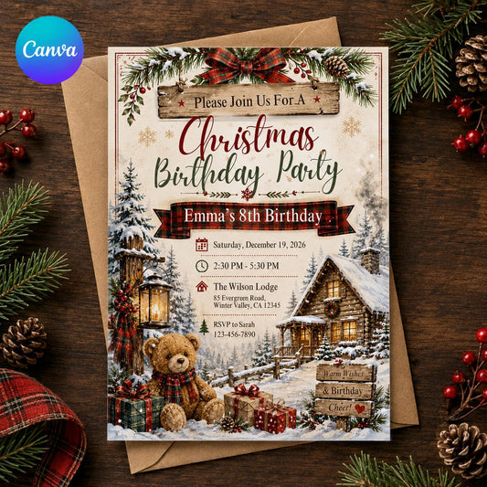 Rustic Christmas 8th Birthday Invitation — editable Canva template
