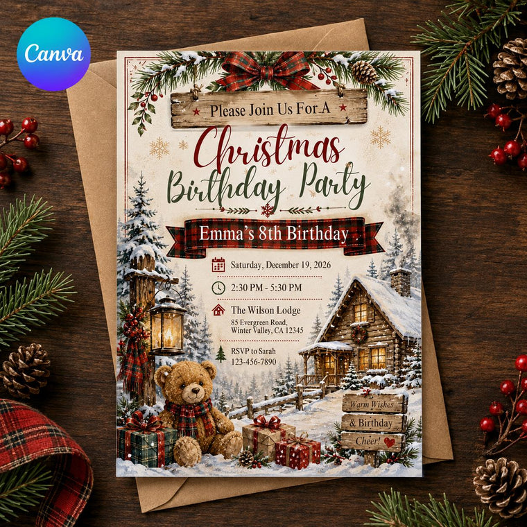 Rustic Christmas 8th Birthday Invitation: Plaid Teddy Bear Winter