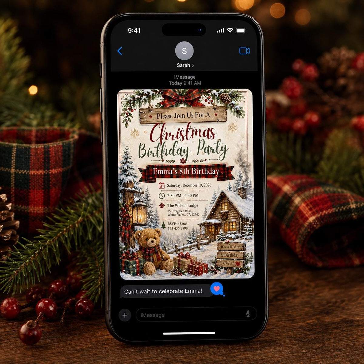 Rustic Christmas 8th Birthday Invitation — teddy bear design