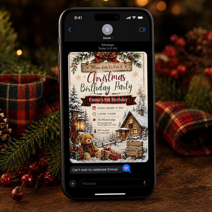 Rustic Christmas 8th Birthday Invitation — teddy bear design