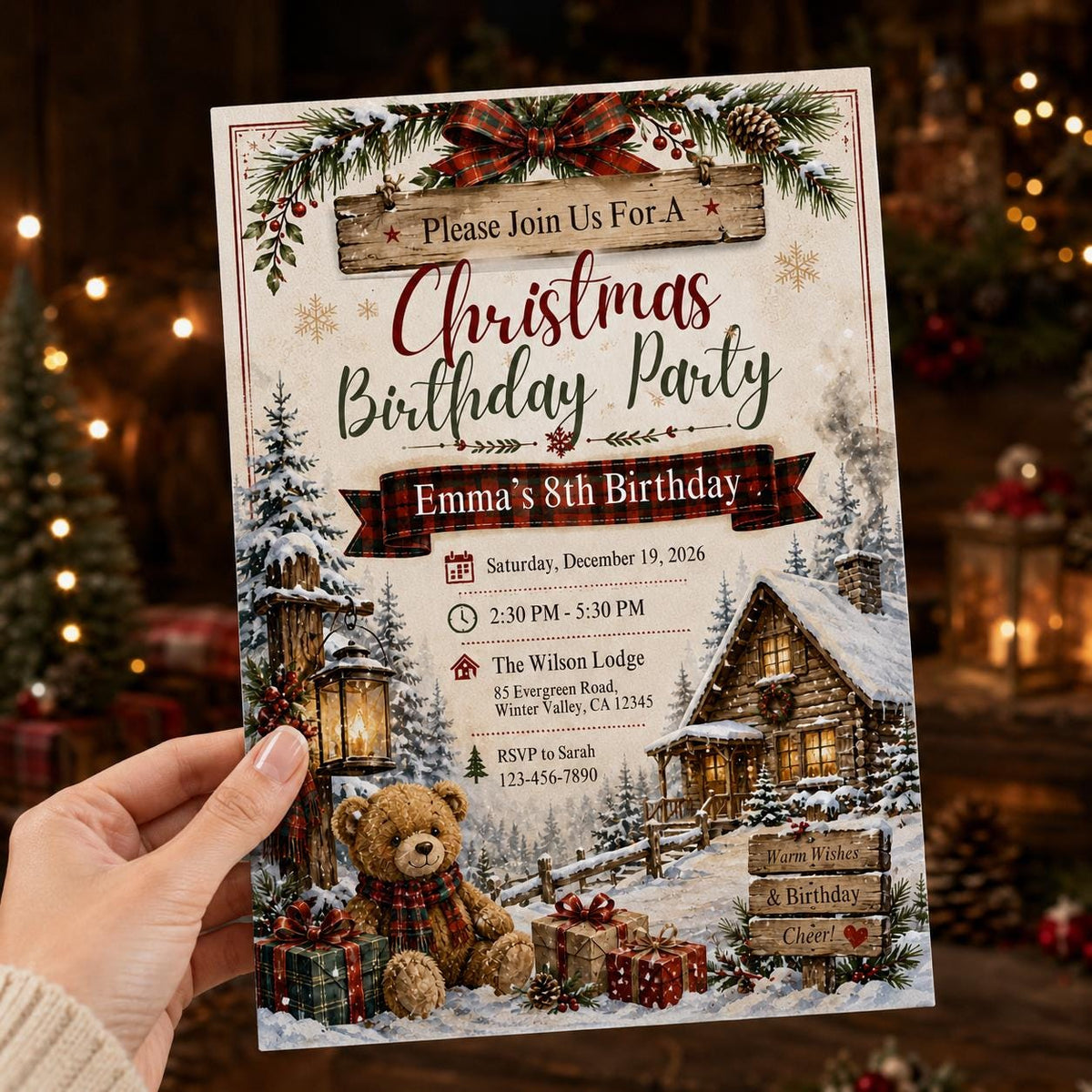 Rustic Christmas 8th Birthday Invitation — invitation you personalize in Canva