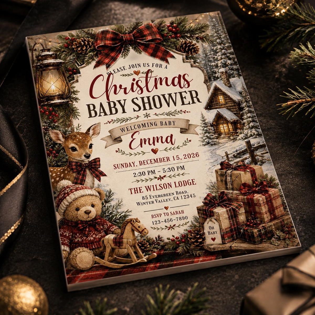 Rustic Christmas Baby Shower Invitation with Teddy Bear in brown and green