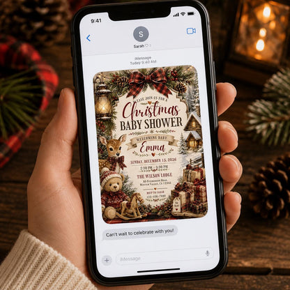 Rustic Christmas Baby Shower Invitation with Teddy Bear — bow and gingerbread design