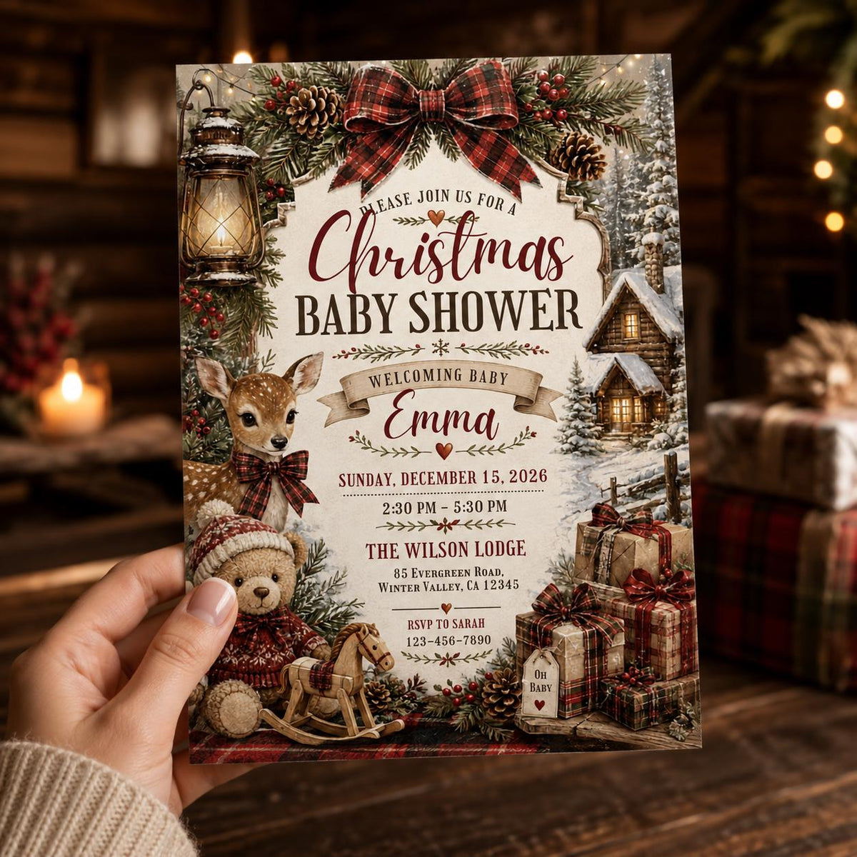 Rustic Christmas Baby Shower Invitation with Teddy Bear — invitation you personalize in Canva