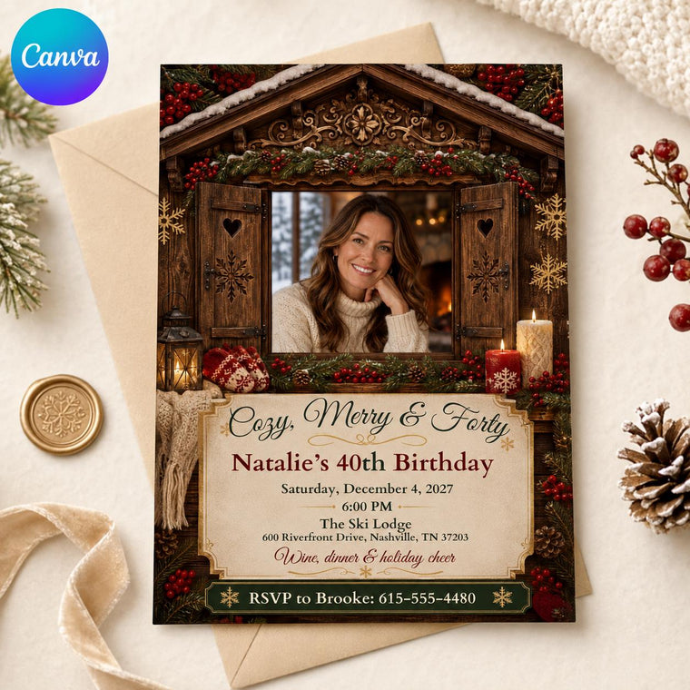 Rustic Christmas Ski Lodge 40th Birthday Invitation