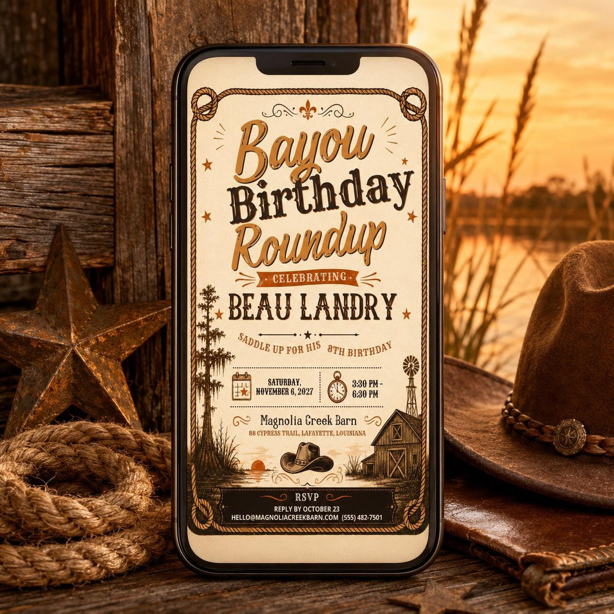 Rustic Cowboy Birthday Invitation: Western Roundup Boy Party — invitation you personalize in Canva