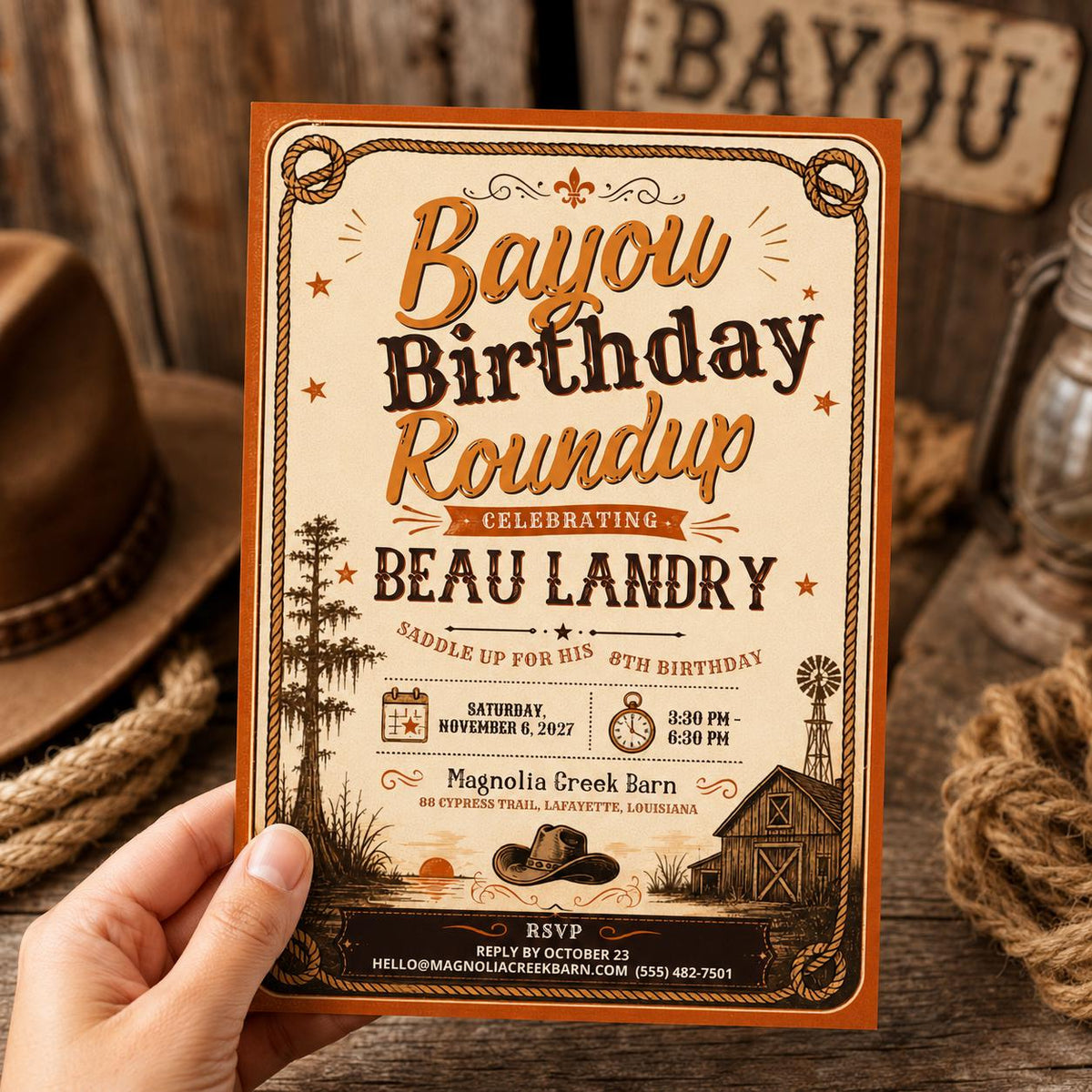 Rustic Cowboy Birthday Invitation: Western Roundup Boy Party — print-ready birthday party design from VoltBy