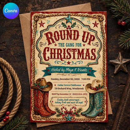 Rustic Cowboy Christmas Party Invitation — editable Canva template