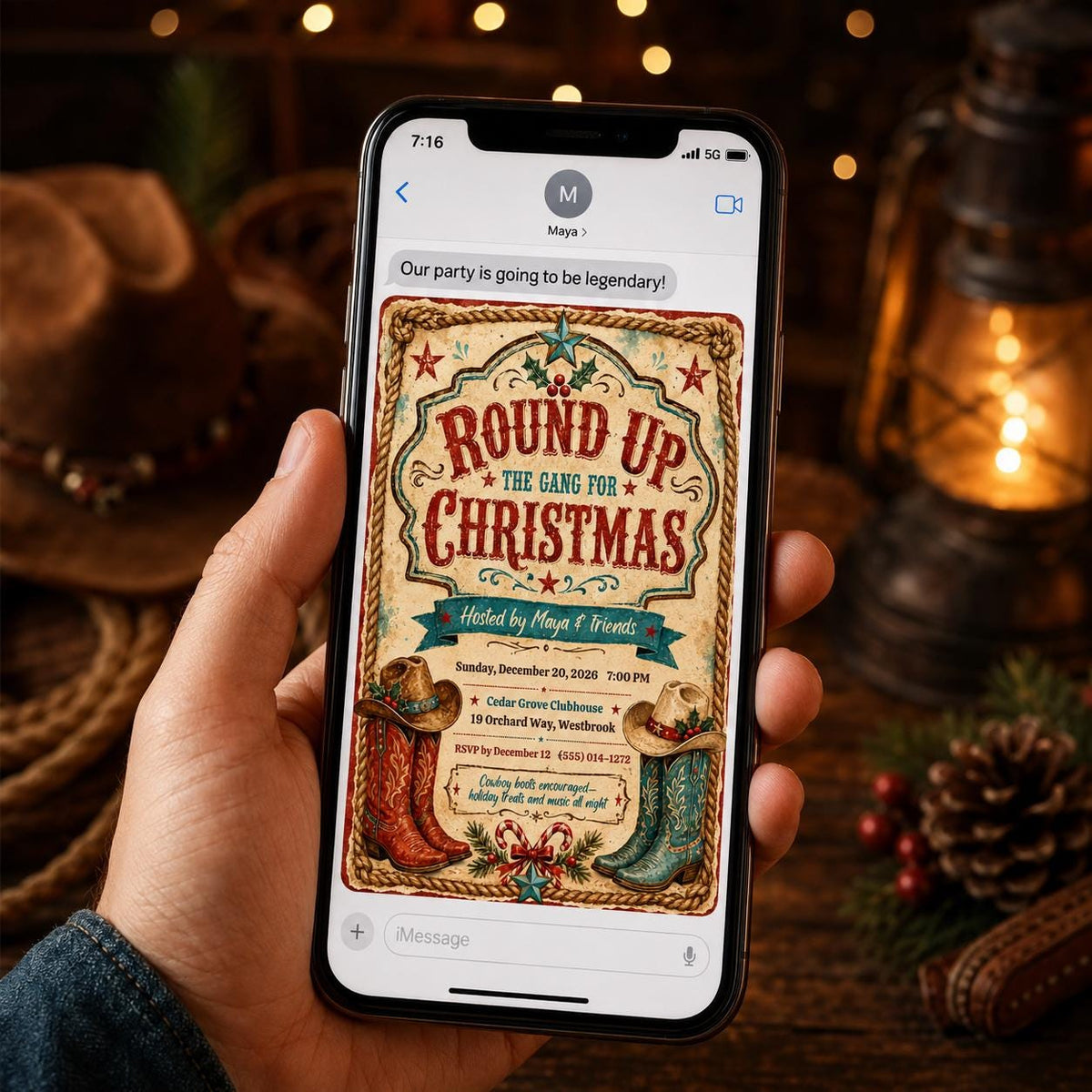 Rustic Cowboy Christmas Party Invitation — invitation you personalize in Canva
