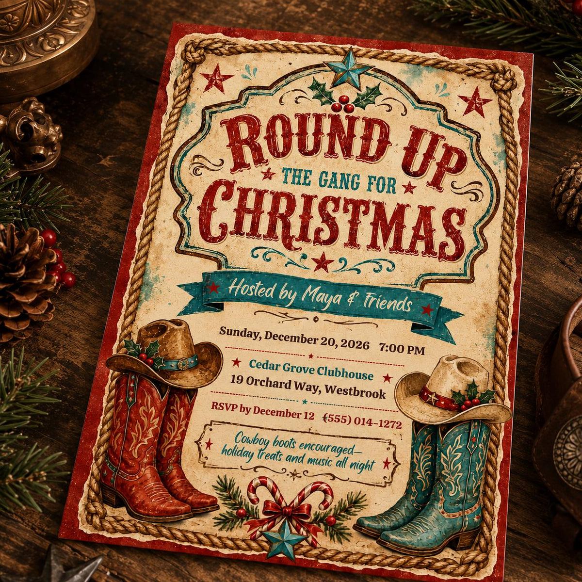 Rustic Cowboy Christmas Party Invitation — Christmas celebration stationery by VoltBy