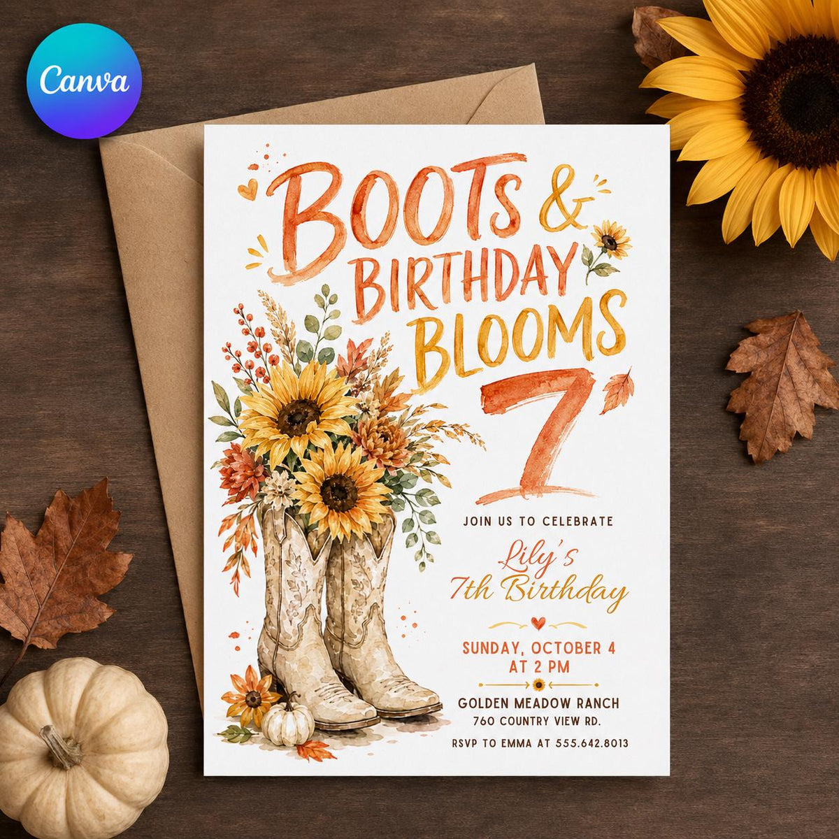 Rustic Cowgirl 7th Birthday Invitation — editable Canva template