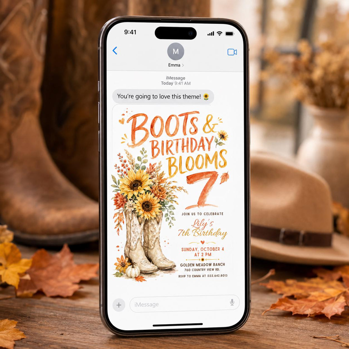 Rustic Cowgirl 7th Birthday Invitation — cowboy and sunflower design