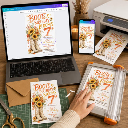 Rustic Cowgirl 7th Birthday Invitation — print-ready 7th birthday party design from VoltBy