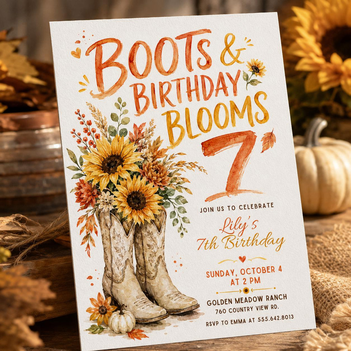Rustic Cowgirl 7th Birthday Invitation — digital invitation, instant download