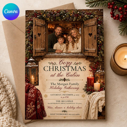 Rustic Cozy Christmas Party Invitation — editable Canva template