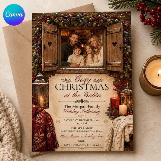 Rustic Cozy Christmas Party Invitation — editable Canva template