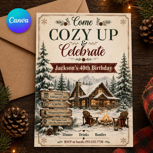 Rustic Cozy Winter 40th Birthday Invitation — editable Canva template